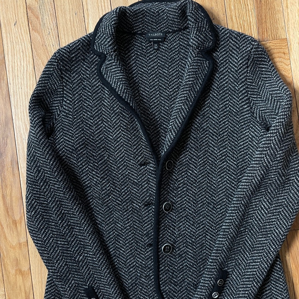 Talbots Black & Cream Herringbone Merino Wool Blazer